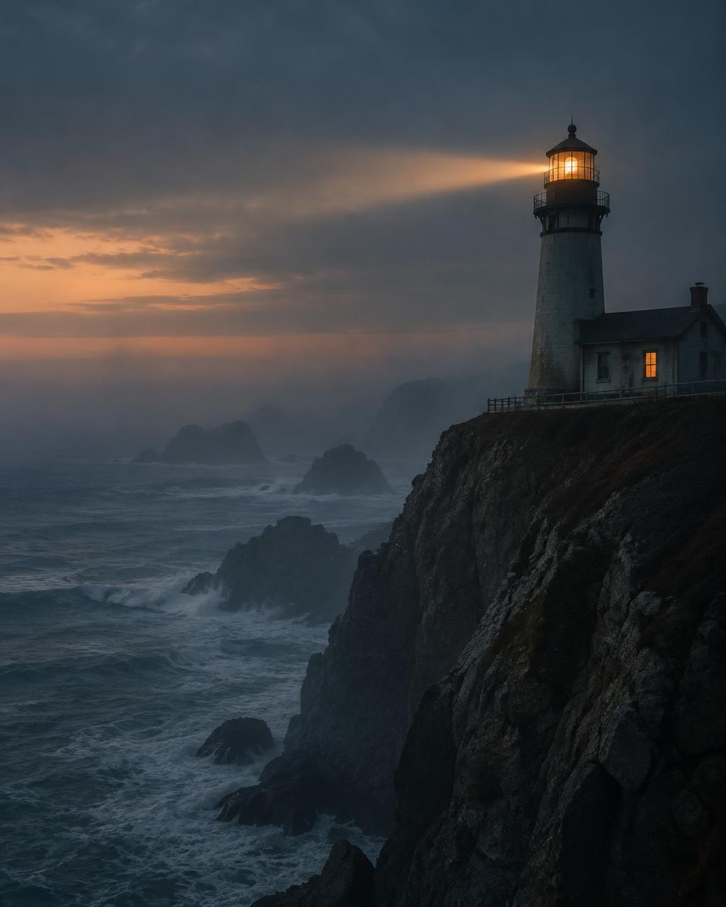 A lighthouse casting a warm beam over a misty sea at dusk