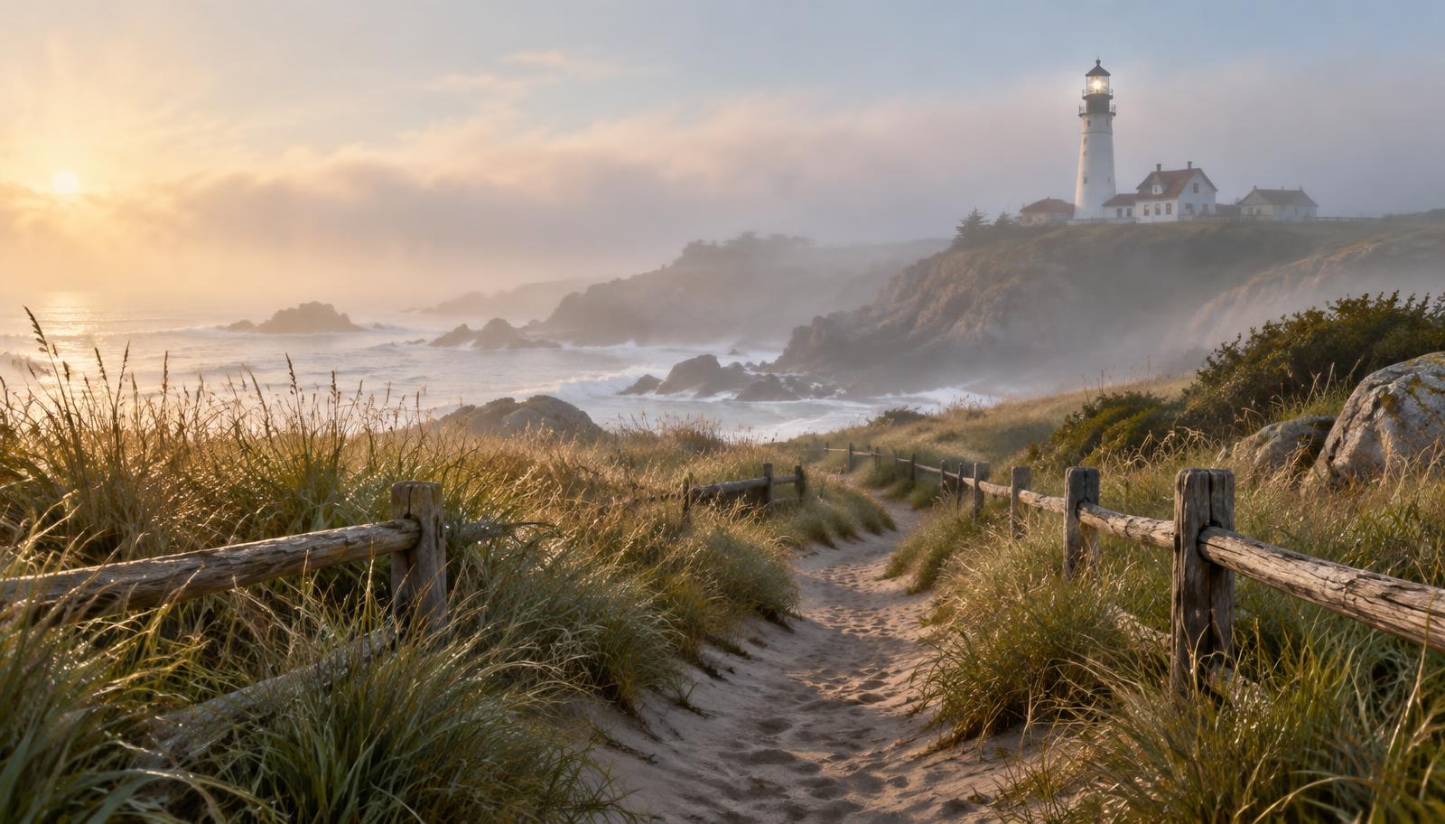 A coastal path through dune grass leading toward a lighthouse at dawn